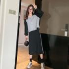 Set: Two-tone Hooded Zip Jacket + Contrast Trim Midi Straight-fit Skirt