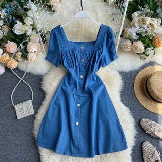 Square-neck Short-sleeve Denim A-line Dress