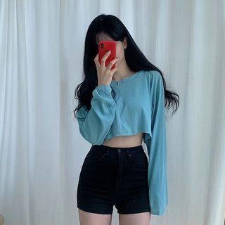 Plain Round Neck Long-sleeve Cropped T-shirt