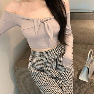 Long-sleeve Cold Shoulder Top Camel - One Size