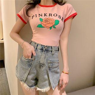 Short-sleeve Printed Color-block Top