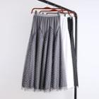 Polka Dot Mesh Paneled A-line Midi Skirt