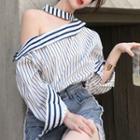 Halter Long-sleeve Striped Shirt Stripe - One Size