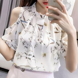 Printed Cut Out Shoulder Short Sleeve Chiffon Blouse