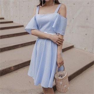 Off-shoulder Gingham Cotton A-line Dress With Belt