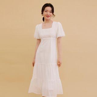 Puff-sleeve Square-neck Tiered Midi A-line Dress