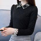Collared Long-sleeve Lace Blouse