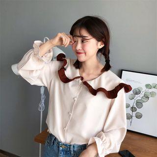 Color-block Long-sleeve Loose-fit Chiffon Blouse