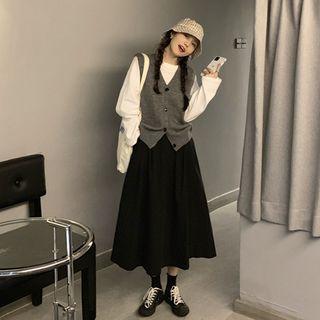 Long-sleeve T-shirt / Knit Buttoned Vest / Midi A-line Skirt