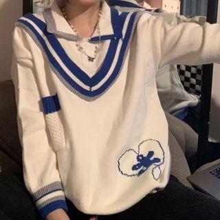Mock Two-piece Striped Trim Polo Sweater White - One Size