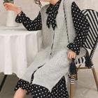 Set: Long-sleeve Dotted Midi Chiffon Dress + Knit Buttoned Vest