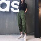 Plain High-waist Loose-fit Cropped Pants Green - One Size