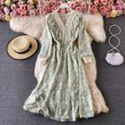 Long Sleeve Lace Trim V-neck Floral Print Maxi Dress