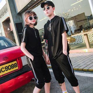 Couple Matching Short-sleeve Contrast Trim T-shirt / Sweatpants / Set