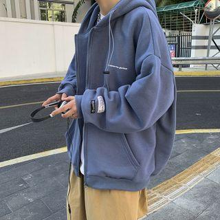Lettering Print Drawstring Hood Zip Jacket