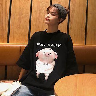 Elbow-sleeve Pig Print T-shirt