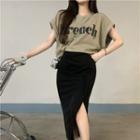 Short-sleeve Letter Print T-shirt / High-waist Plain Split Skirt