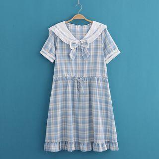 Sailor-collar Gingham Tie-neck Dress