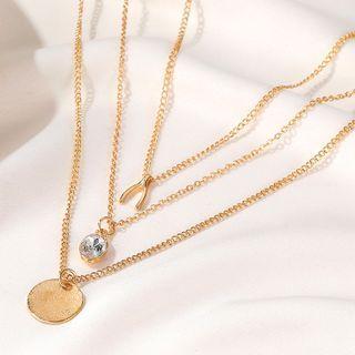 Rhinestone Disc Pendant Layered Necklace 01 - 356 - Kc Gold - Gold - One Size