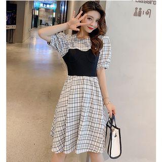 Mock Two-piece Elbow-sleeve Plaid A-line Dress