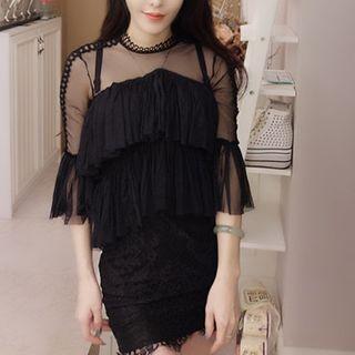 Mesh Panel Layered 3/4 Sleeve Lace Dress