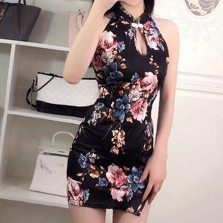 Halter-neck Keyhole Floral Print Mini Sheath Dress