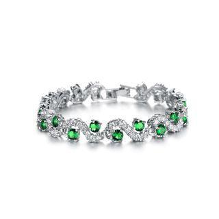 Elegant Fashion Geometric Corrugated Green Cubic Zirconia Link Bracelet Silver - One Size