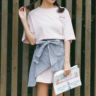 Set: Heart Embroidered Elbow Sleeve T-shirt Dress + Plaid A-line Skirt