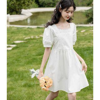 Puff-sleeve Square-neck Lace Trim A-line Dress White - One Size