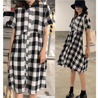 Plaid Short-sleeve Shirtdress Black - One Size