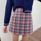 Contrast Trim Cropped Cardigan / Plaid Mini A-line Skirt