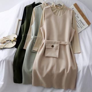 Set: Mock-neck Top + Wool Tank Dress With Sash