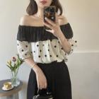 Elbow-sleeve Off-shoulder Dotted Chiffon Top White - One Size