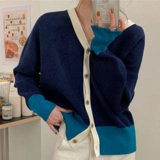 Color Block Cardigan Dark Blue & Blue - One Size