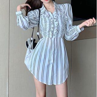 Set: Striped Long-sleeve Shirt + Ruffle Trim Shirred Camisole Top