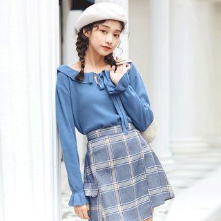 Bell Sleeve Ruffled Lace-up Knit Top