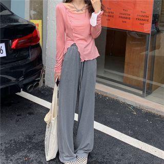 Long-sleeve Slit Top / Wide-leg Pants