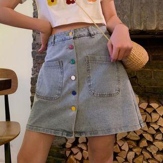 Button Detail High-waist A-line Mini Skirt