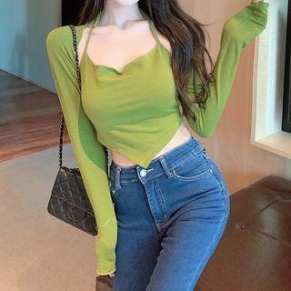 Set Of 2: Plain Asymmetric Halter Crop Top / Long-sleeve Plain Shrug