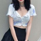 Short Sleeve Ruffled-trim Tie-dyed Cropped Top