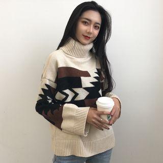 Patterned Turtleneck Chunky Sweater