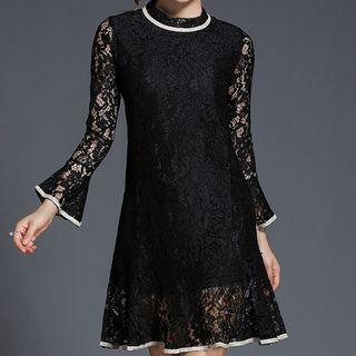 Contrast Trim Long Sleeve Lace Dress
