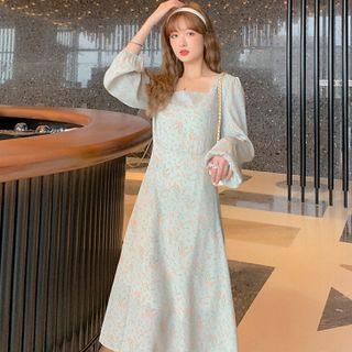 Long-sleeve Square-neck Floral Print Midi A-line Dress Floral - Light Green - One Size