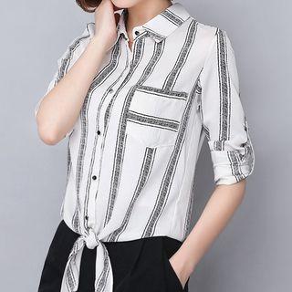 Print Mock Neck Chiffon Blouse / Striped Shirt