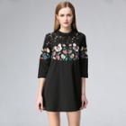 Butterfly Embroidered Lace Panel 3/4 Sleeve Dress
