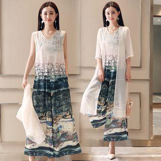 Set: Printed Sleeveless Top + Wide Leg Pants + Elbow-sleeve Light Jacket