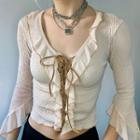 3/4-sleeve Lace-up Ruffle Trim Crop Top