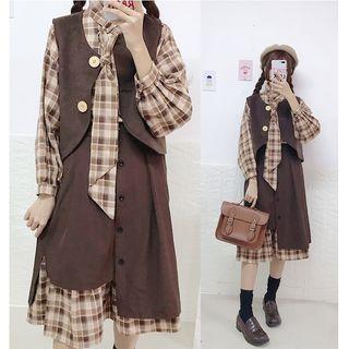 Plaid Tie Accent Blouse/ Buttoned Vest/ Midi A-line Skirt