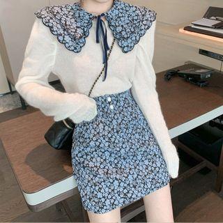 Long-sleeve Knit Top / Floral Print Collar / Mini A-line Skirt