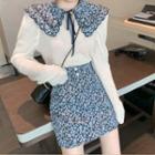 Long-sleeve Knit Top / Floral Print Collar / Mini A-line Skirt